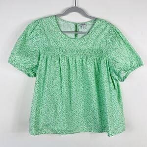 J. Crew Top Women's 2X Green Floral Puff-Sleeve Boxy 100% Cotton BR635
